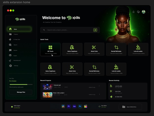Xkills Premiere Pro extension home screen, with creative tools and recent projects
